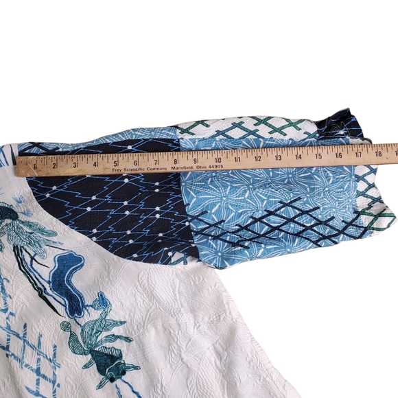 Citron Women's Silk Blue and White Patchwork Patterned Button-Up Shirt. O/S - Picture 12 of 13